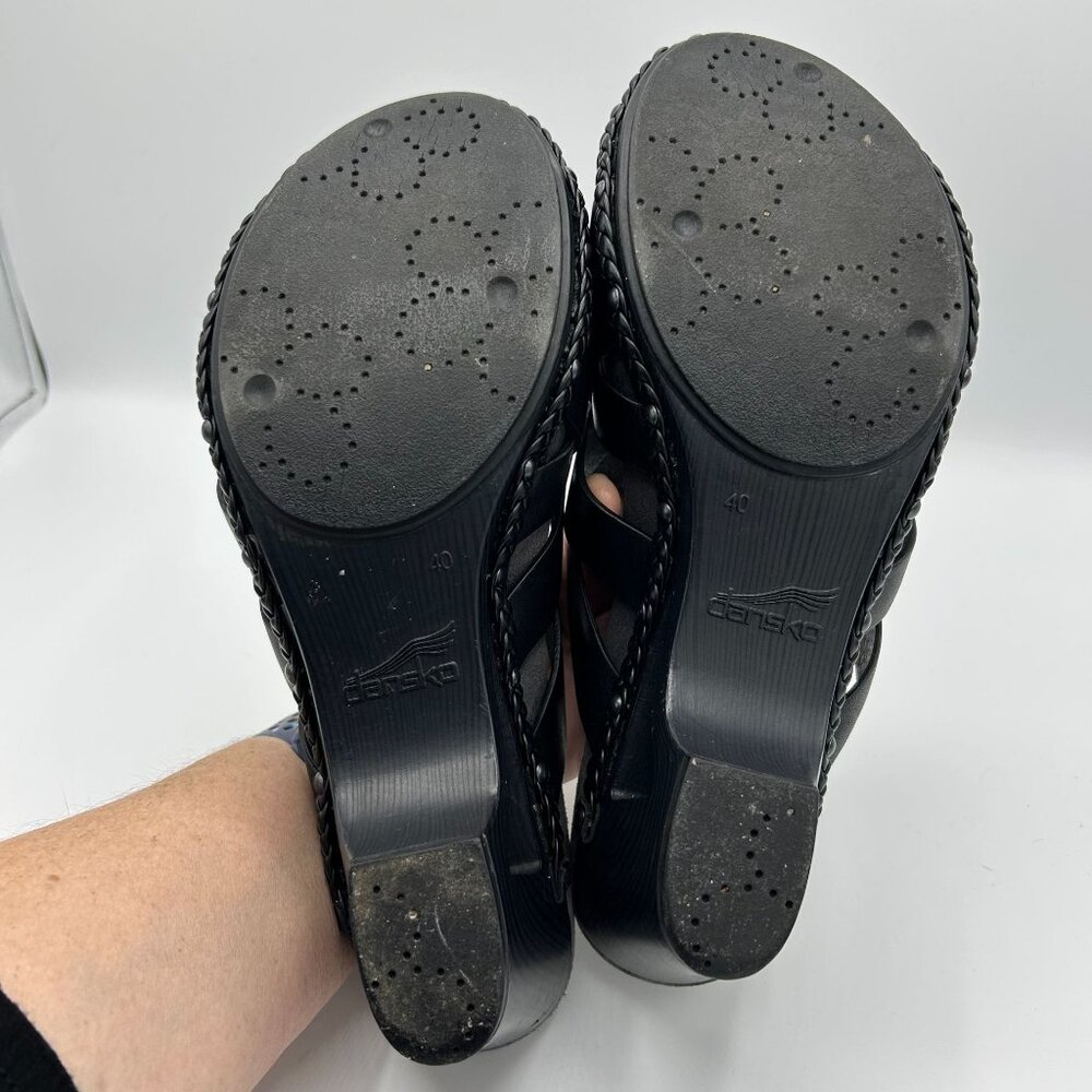 Dansko Womens Black Leather Strappy Wedge Sandals Size 40 Braided Trim - Picture 10 of 12